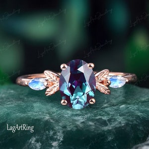 Bague de fiançailles en alexandrite taille ovale Bague de promesse en or rose 14 carats pour elle Bague feuille Uniuqe Bague à changement de couleur Bijoux Cadeaux d'anniversaire pour femme