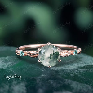 Uniuqe Moss agate Engagement ring,Rose Gold Engagement Ring for Women,Leaf Design Promise Ring,Nature Inspied Bridal Ring,Anniversary ring