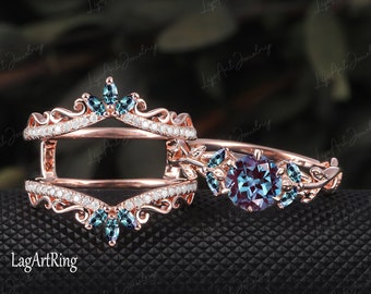 Alexandrit-Verlobungsring. Einzigartiger 14-Karat-Roségold-Ring mit Blatt- und Natur-inspiriertem Marquise-Schliff, perfekt für Braut-Hochzeits-Set, Jahrestag