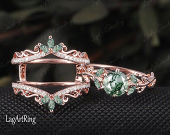 Ágata de musgo verde Conjunto de anillo de compromiso doble Anillo de promesa único de oro rosa de 14k Anillo de boda nupcial inspirado en la hoja y la naturaleza conjunto para ella