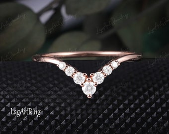 Vintage Curved Moissanite/Diamond Wedding Band,14K Solid Rose Gold Band,Unique Wedding Band,Matching Ring,Promise Anniversary Gifts for her