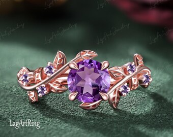 Natural Amethyst Engagement ring 14K Rose gold Promise Ring for her Purple Crystal ring Nature Inspired Leaf Ring Anniversary Gifts Women