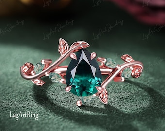 Pear Emerald Engagement ring 14k Rose Gold Ring Twist Leaf Promise Ring for her Green Gemstone Ring May Birthstone ring Jewelry gifts Women