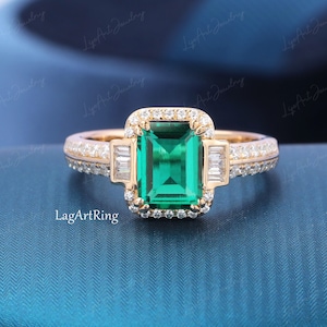 14K Yellow Gold Engagement Ring 2CT Brilliant Lab Created Green Emerald Ring Women Minimalist Moissanite Promise Ring Anniversary Gift