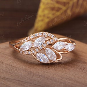 Unique Cluster Ring/1.2cttw Marquise Moissanite Wedding Ring/Vintage 14k Yellow gold Engagement Ring/Leaf Moissanite Promise Ring for Her