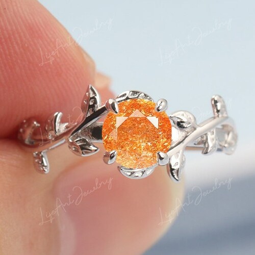 Vintage Sunstone engagement ring leaf flower alternative ring white gold art deco promise ring unique narure inspired shops anniversary ring