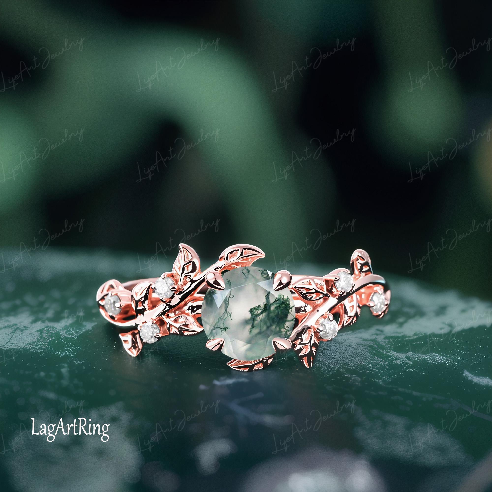 Natürliche Moosachat Verlobungsring 14K Roségold Versprechen Ring Vintage Ring Einzigartige Natur inspiriert Blatt Ring Jahrestag Geschenke für sie