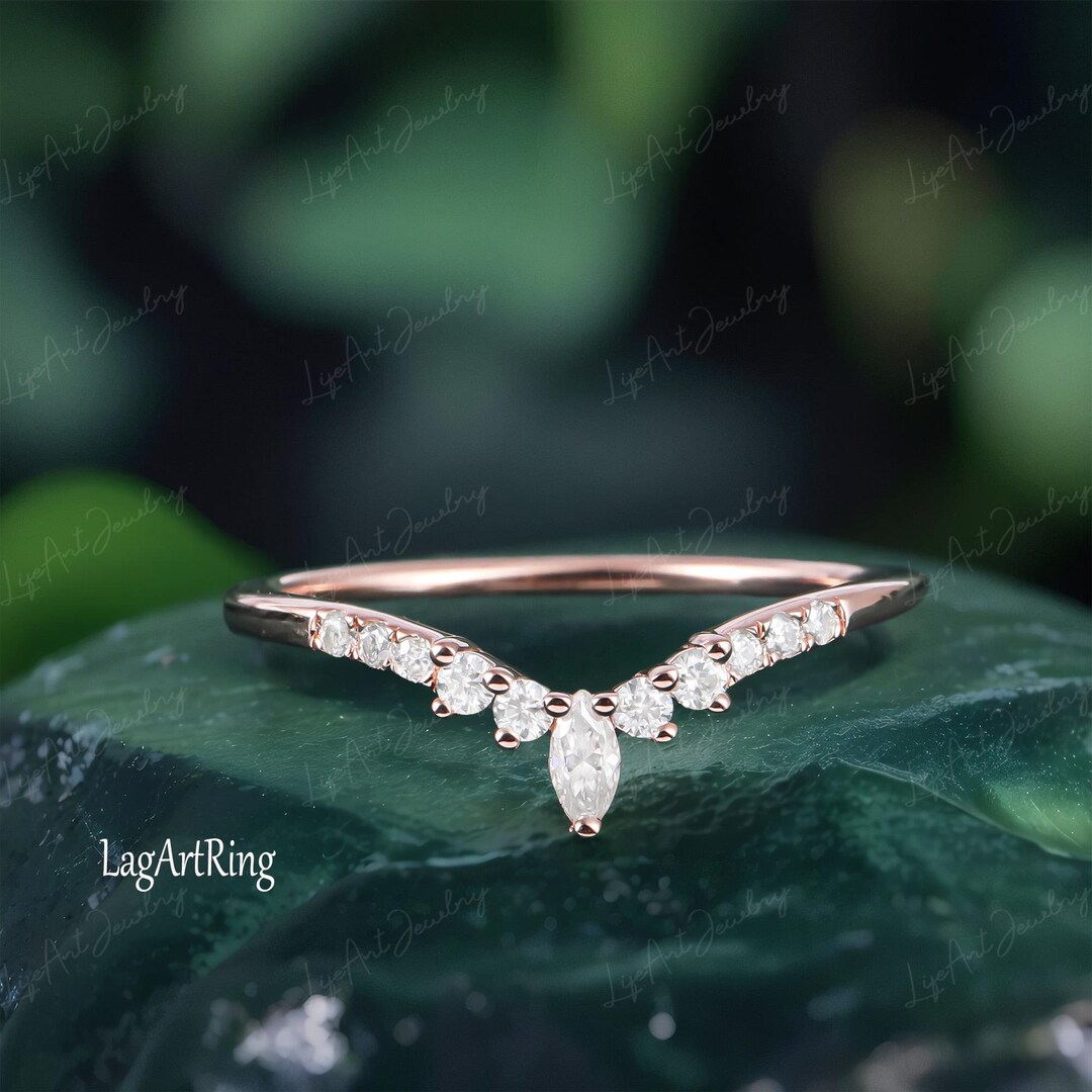 Marquise Cut Moissanite Curved Wedding Band Unique 14K Rose Gold ...