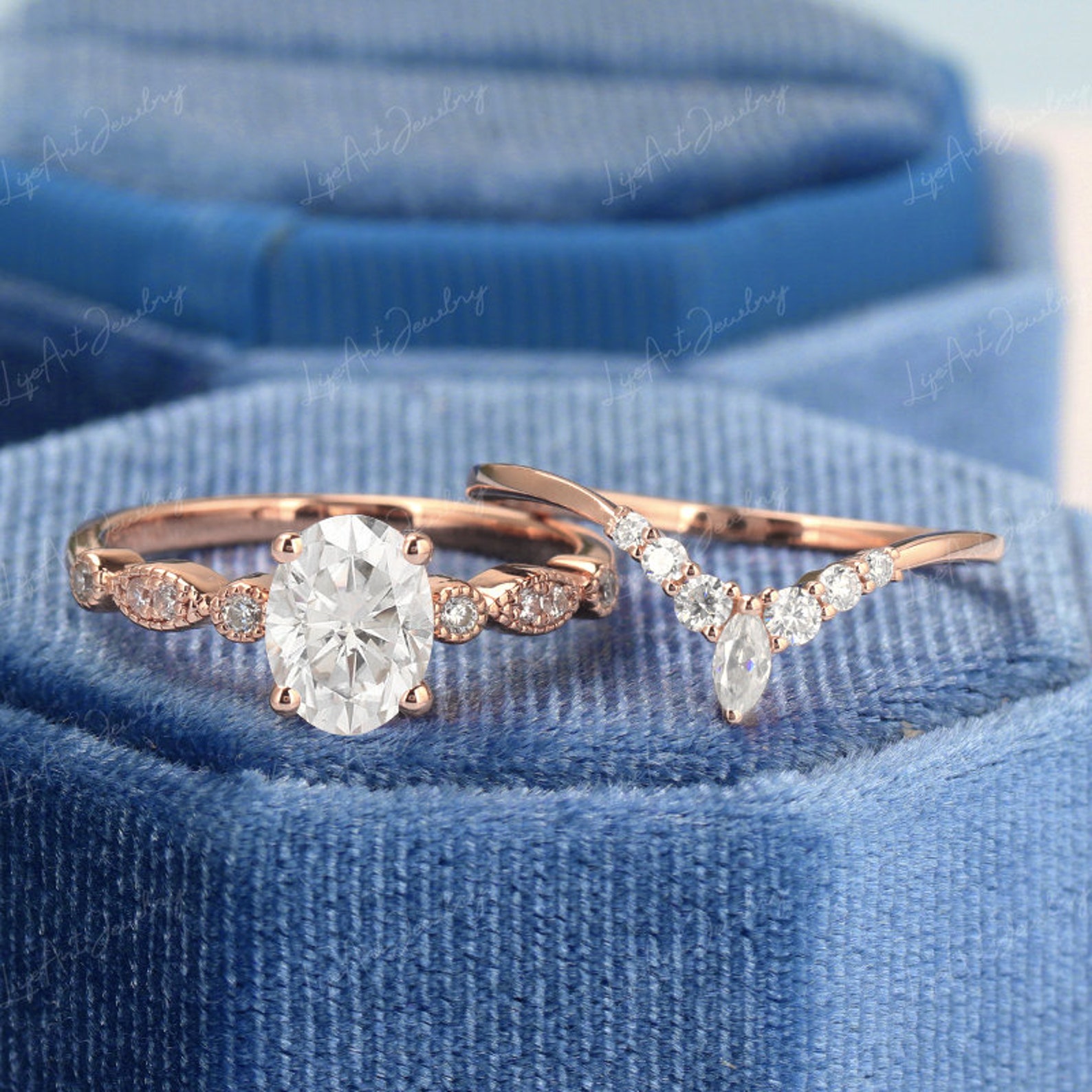 Oval Moissanite Engagement Ring Set Vintage Unique Yellow Gold Etsy