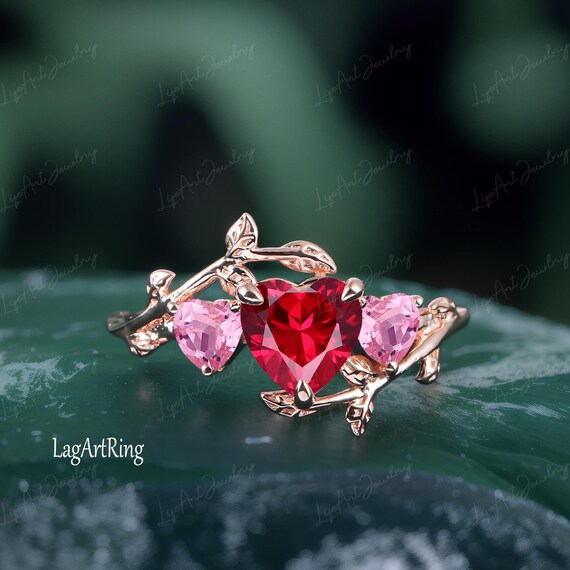 Bague de fiancailles coeur rubis en or blanc 14 carats bague de promesse pour elle pierre de naissance de juillet bague trois pierres a feuilles uniques cadeaux d anniversaire pour femme Etsy