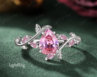 Pear Pink Sapphire Engagement Ring 14K Rose Gold Promise Ring for