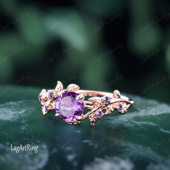 Natural Amethyst Engagement Ring 14K Rose Gold Promise Ring for