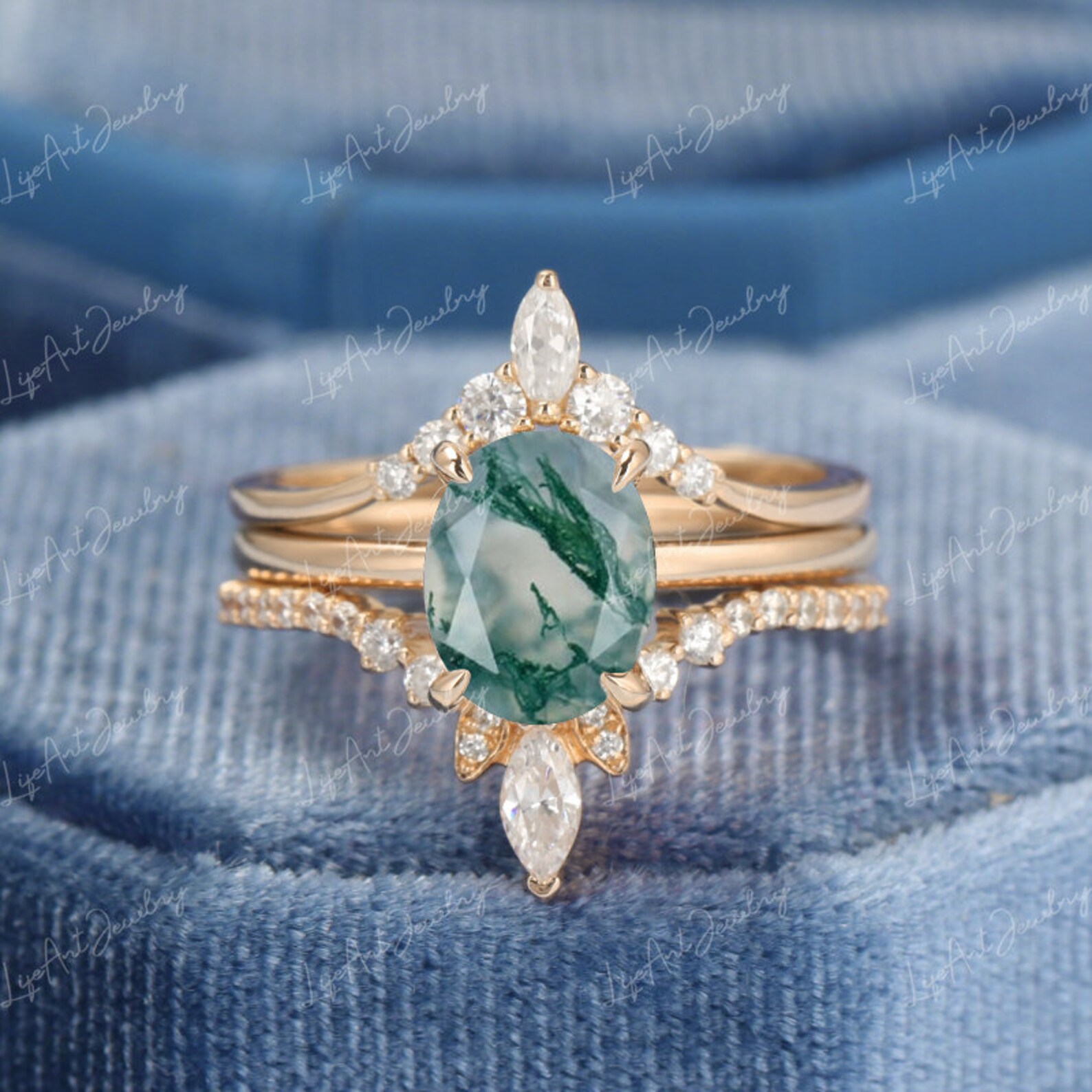 Oval Moss Agate engagement ring set Yellow Gold Engagement Etsy