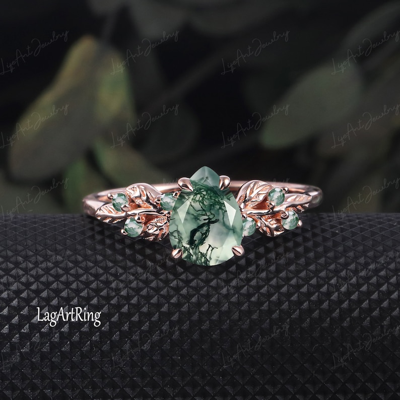 Pear shaped Moss Agate Engagement ring 14K White Gold Promise Ring Leaf Nature Inspired Bridal Set Green Gemstone Ring Jewelry gifts for her image 5