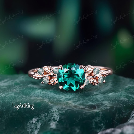 Unique Emerald Engagement Ring 14K Rose Gold Promise Ring for Her