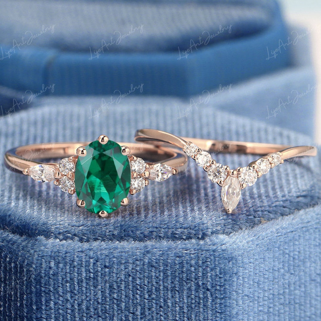 Oval Lab Created Emerald Engagement Ring Rose Gold Engagement Ring for ...