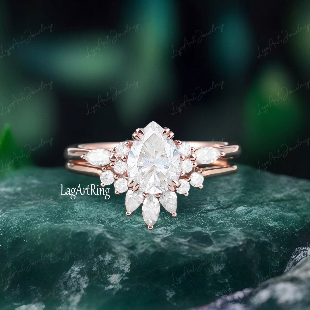 Pear Shaped Moissanite Engagement Ring Set Unique 14k Solid Gold ...