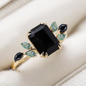 Emerald Cut 4CT Black Onyx Engagement Ring Art Deco 14k Yellow Gold Promise Ring for her Statement Ring Leaf Ring Vintage Anniversary Gifts