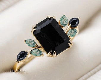 Emerald Cut 4CT Black Onyx Engagement Ring Art Deco 14k Yellow Gold Promise Ring for her Statement Ring Leaf Ring Vintage Anniversary Gifts