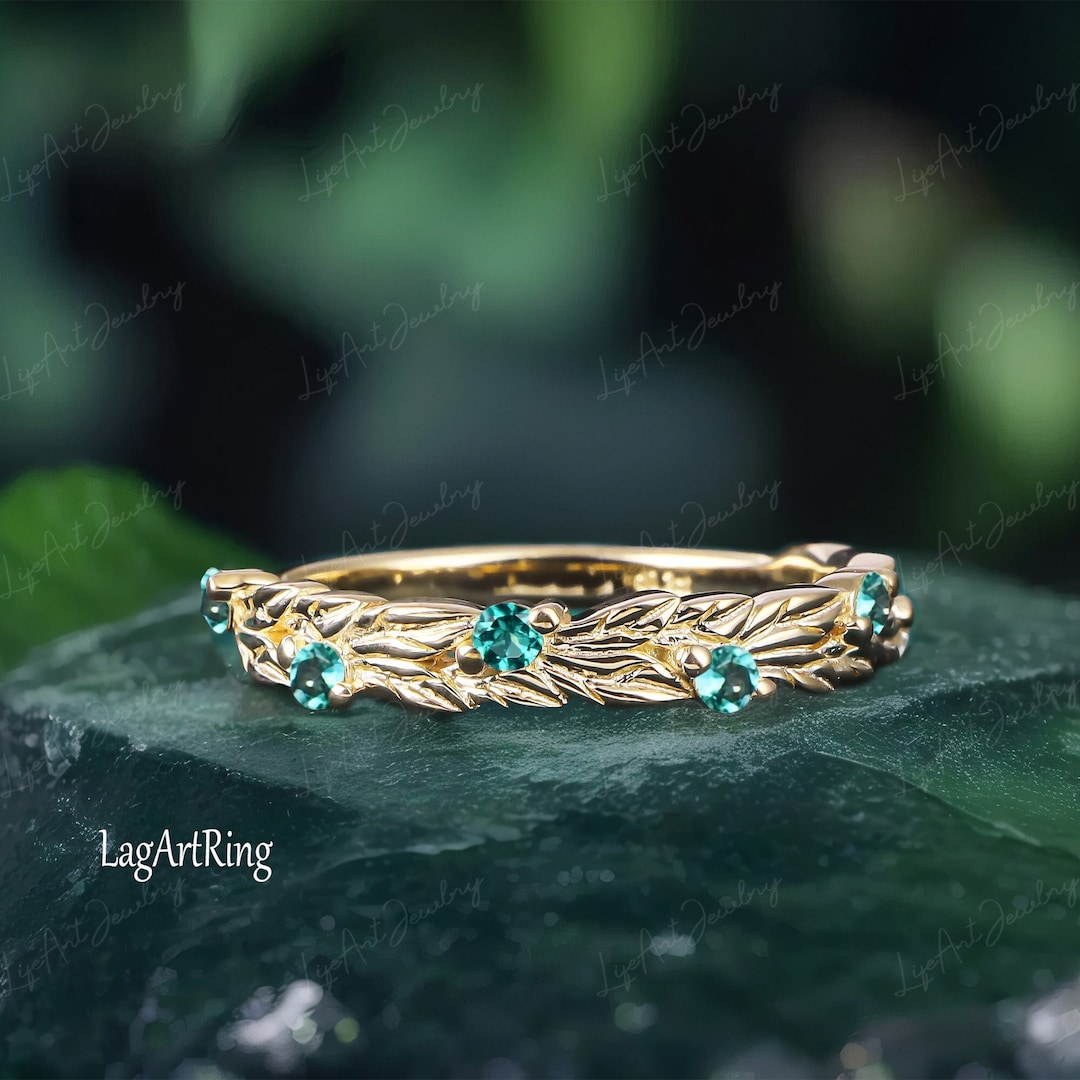 Emerald Wedding Band,solid 14K Yellow Gold Green Gmestone Wedding Band ...