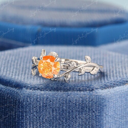 Vintage Sunstone engagement ring leaf flower alternative ring white gold art deco promise ring unique narure inspired shops anniversary ring
