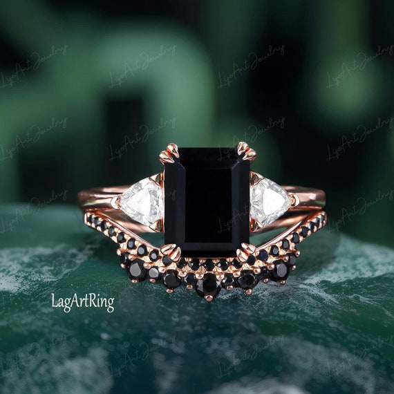 2pcs Emerald Cut Black Onyx Engagement Ring Set Rose Gold