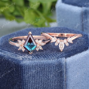 Vintage Kite Cut Alexandrit Verlobungsring, Einzigartiger Roségold Verlobungsring für Frauen, Cluster Marquise Diamant Braut Set Versprechen Ring