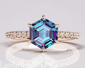 Hexagon Cut Vintage Alexandrite Engagement Ring Art Deco 14K Rose Gold Promise ring for her June birthstone Anniversary Ring for Women