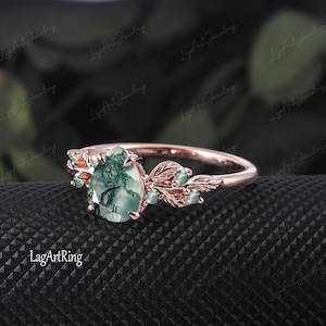 Pear shaped Moss Agate Engagement ring 14K White Gold Promise Ring Leaf Nature Inspired Bridal Set Green Gemstone Ring Jewelry gifts for her image 6