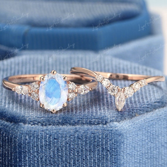 Oval Moonstone Engagement Ring Set Vintage Unique Rose Gold