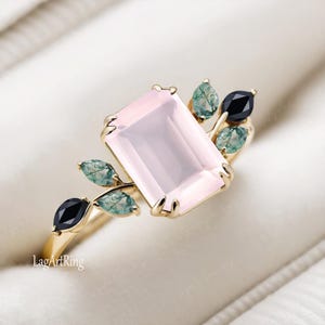 Emerald Cut 4CT Rose Quartz Engagement Ring Promise ring for her 14k Yellow Gold Engagament Ring Alternative Gemstone Leaf Statement Ring