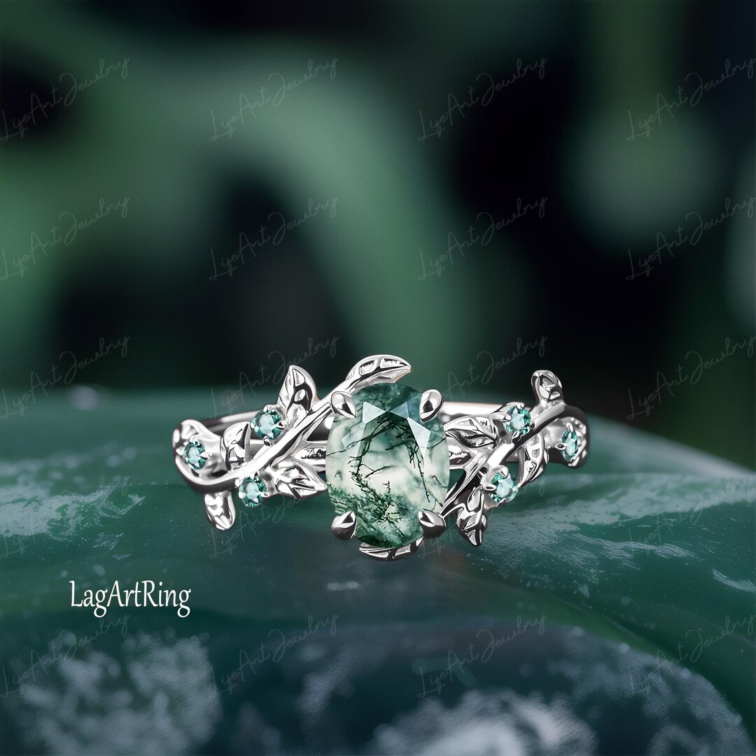 Olivenorma Moss Agate V Shape Engagement Ring Set main image 1