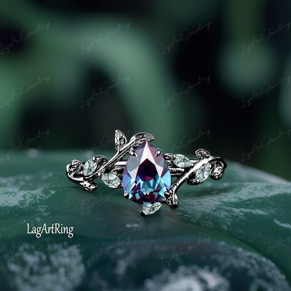 Pear Alexandrite Engagement Ring Black Gold Promise Ring for Her