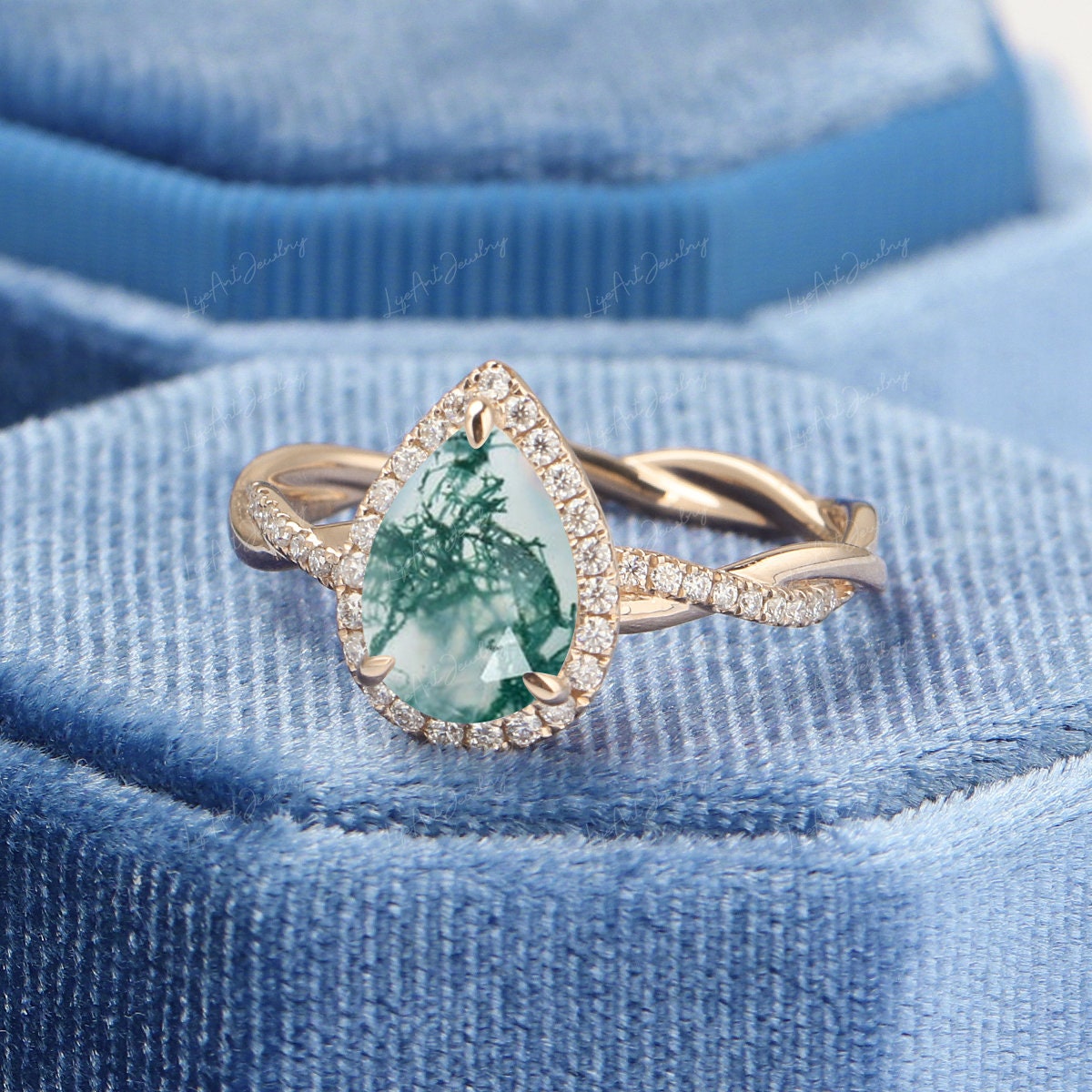 Pear Moss Agate Engagement Ring Yellow Gold Engagement Ring | Etsy