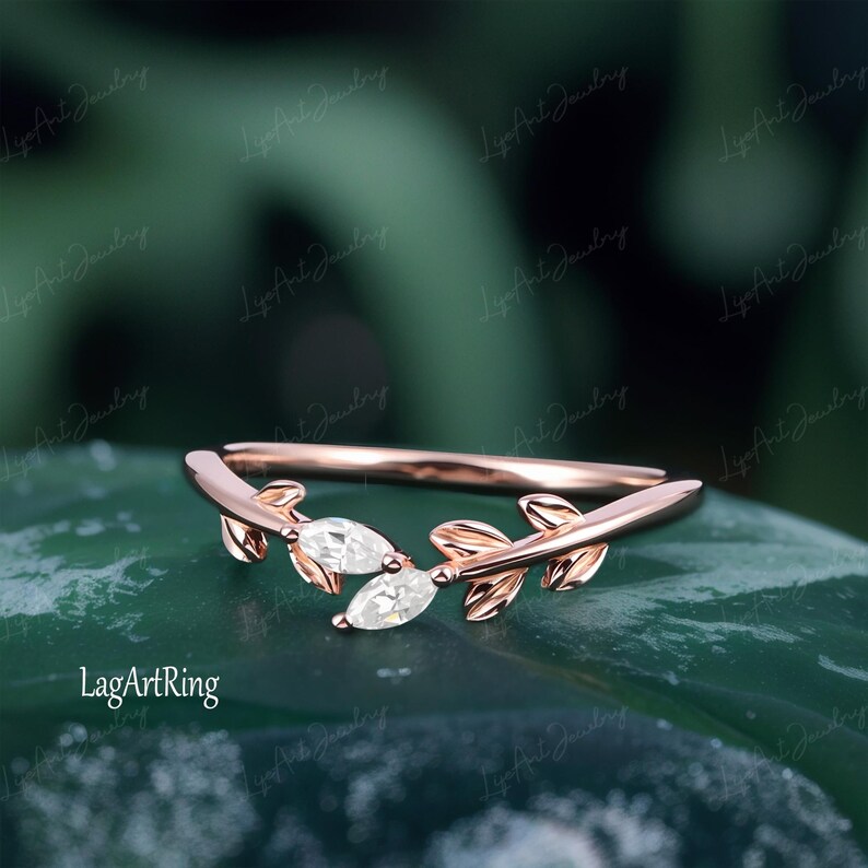Unique Marquise Cut Moissanite Wedding Band Vintage Rose Gold Diamond ...