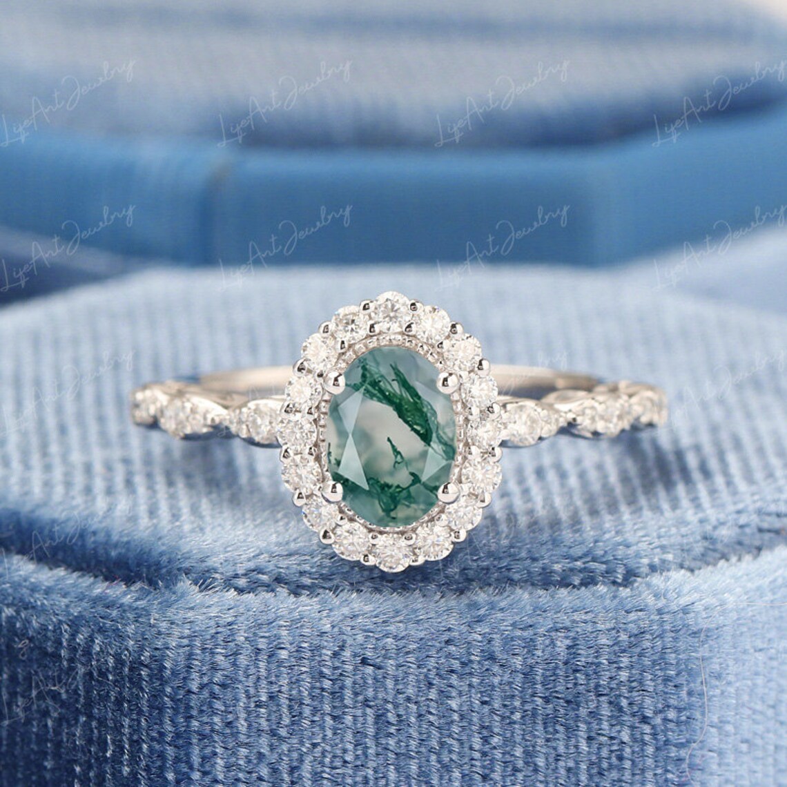 Oval Moss Agate Engagement Ring Halo Moissanite White Gold Etsy