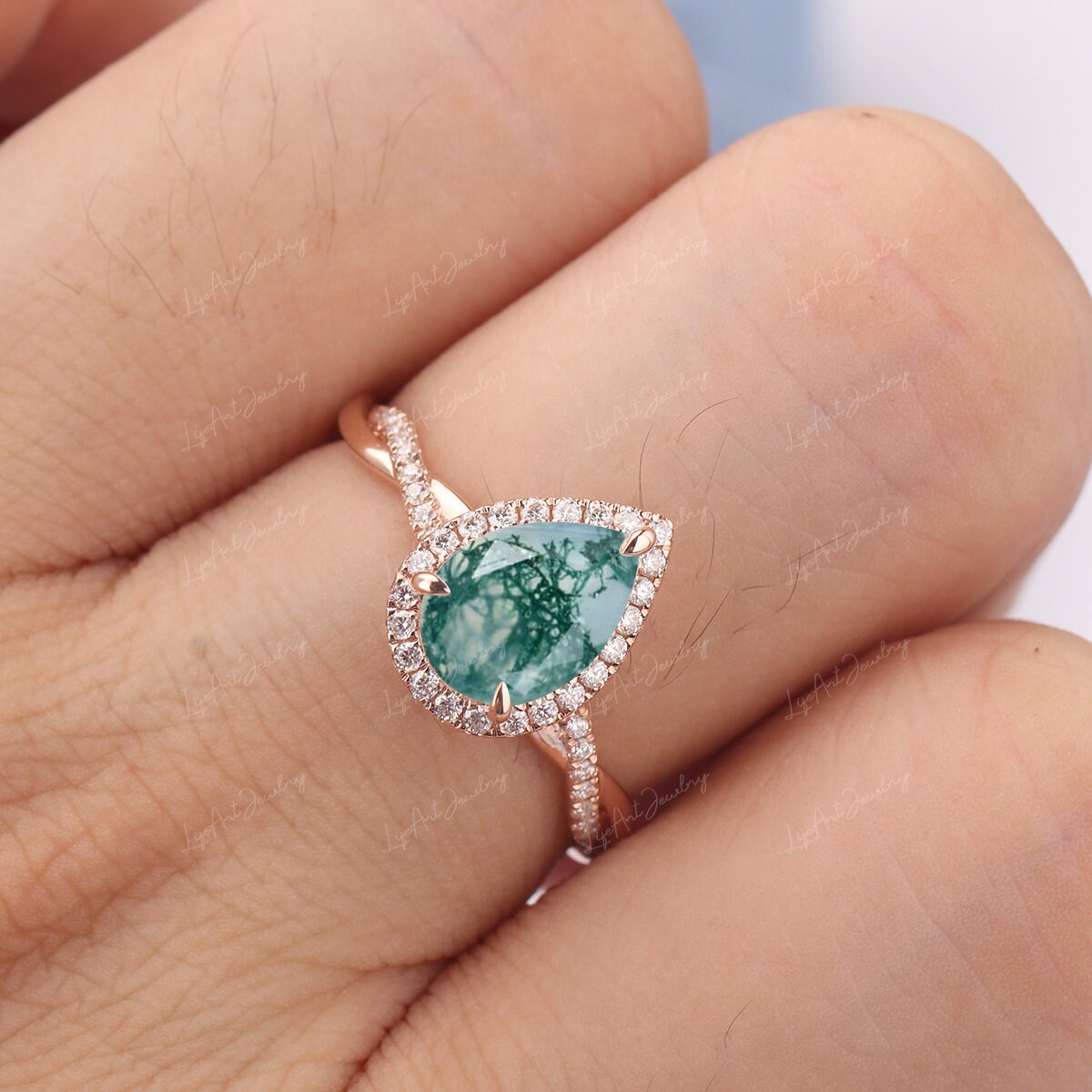 Pear Moss Agate Engagement Ring Yellow Gold Engagement Ring | Etsy