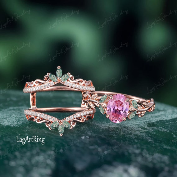 Juego de anillo de compromiso con zafiro rosa ovalado Juego de