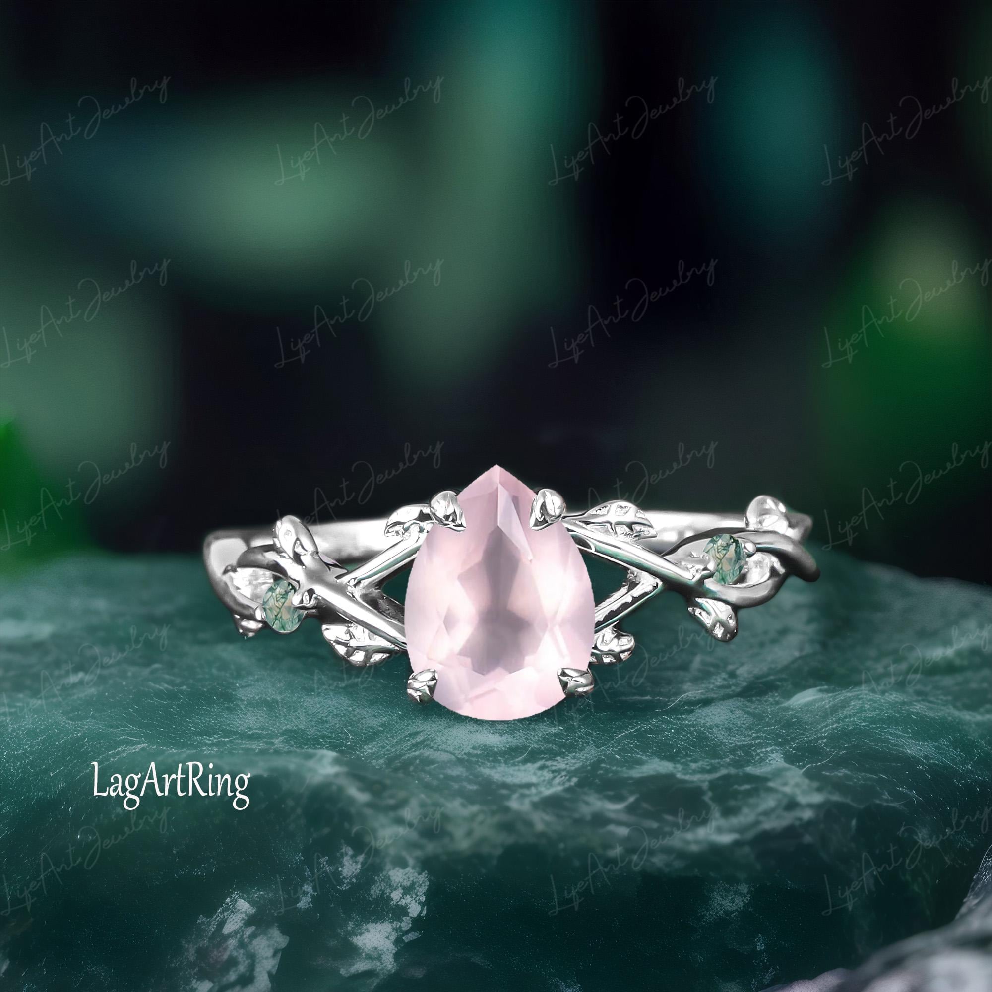Pear Natural Rose Quartz Engagement Ring 14K Rose Gold Promise