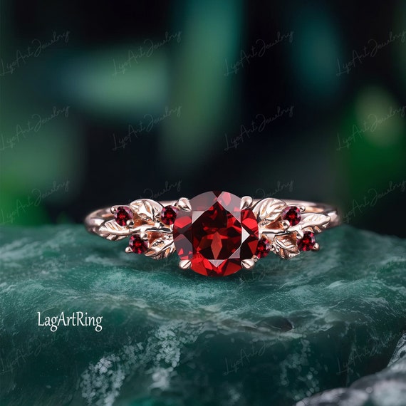 Garnet Engagement Ring Rose Gold Promise Ring for Her Leaf Nature Inspired Bridal Ring Jan Gemstone Art Deco Ring Anniversary Jewelry Gifts Etsy