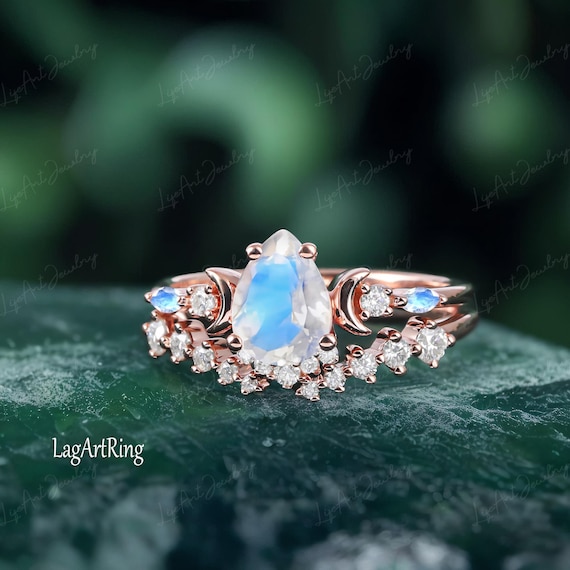 Pear Shaped Natural Moonstone Engagement Ring 14k Rose Gold