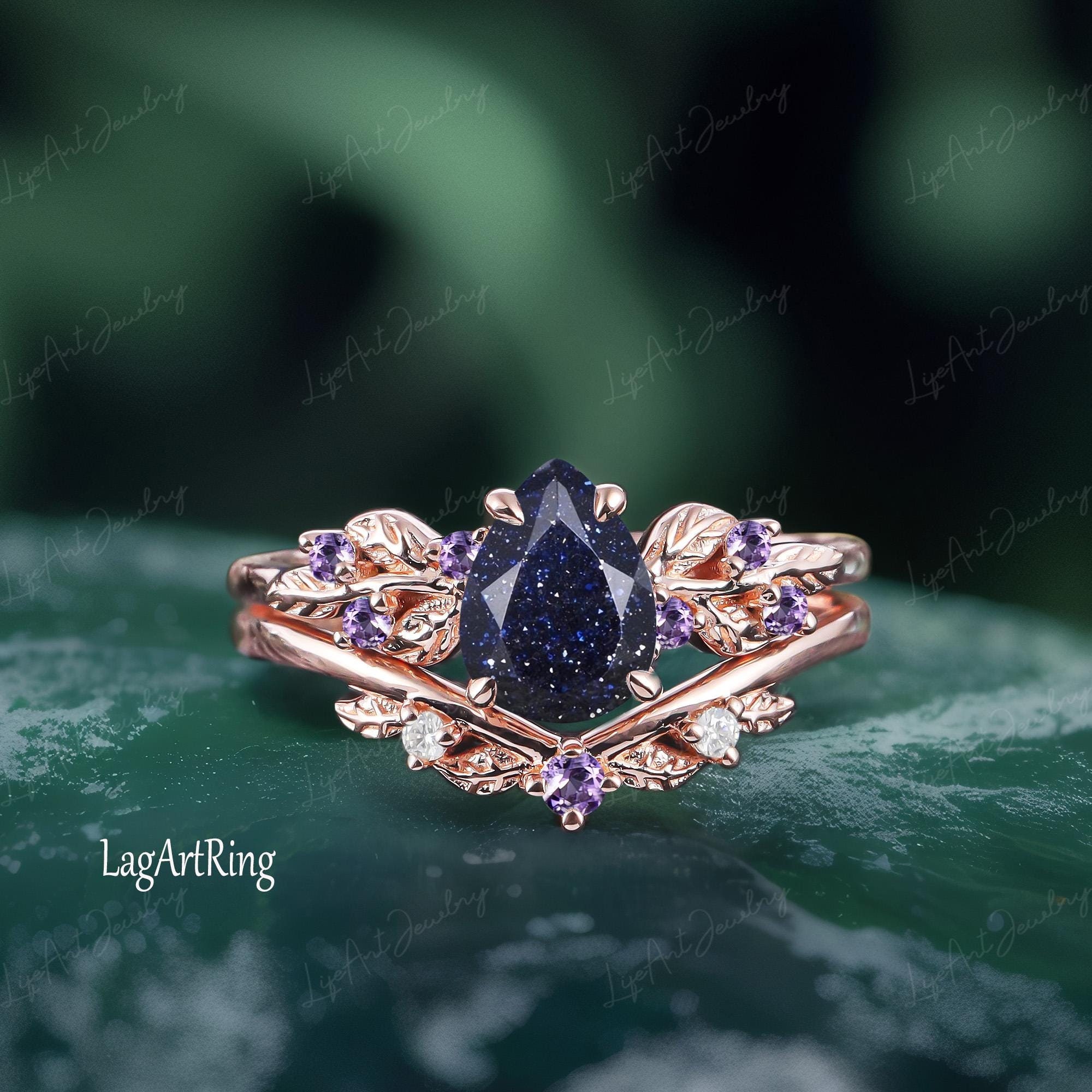 Pear Blue Sandstone Engagement ring 14K Rose Gold Promise Ring Women Leaf Nature Inspired Bridal Sets Curved Wedding Ring anniversary gifts