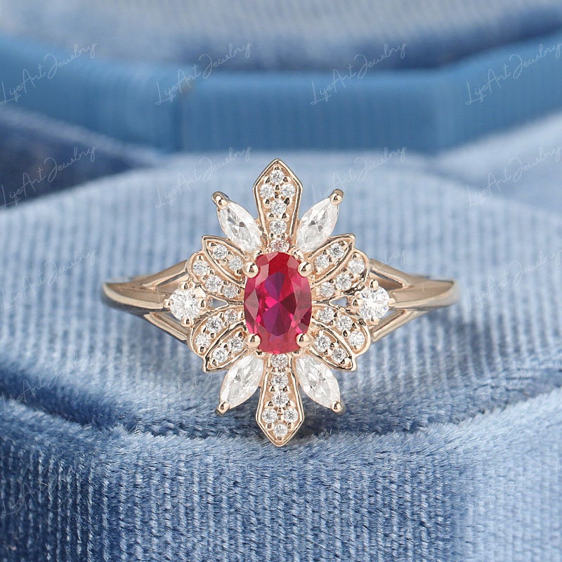 Oval Lab Created Ruby Engagement Ring Rose Gold Engagement Etsy