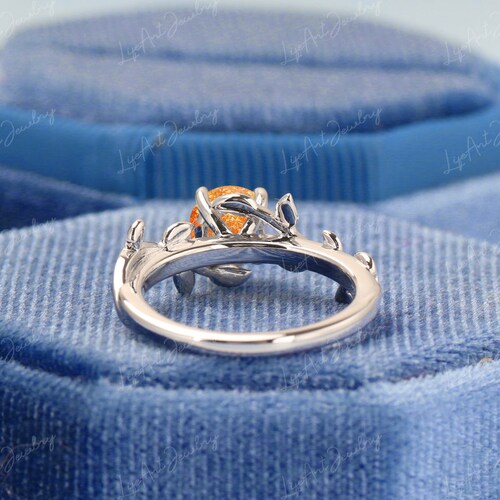 Vintage Sunstone engagement ring leaf flower alternative ring white gold art deco promise ring unique narure inspired shops anniversary ring