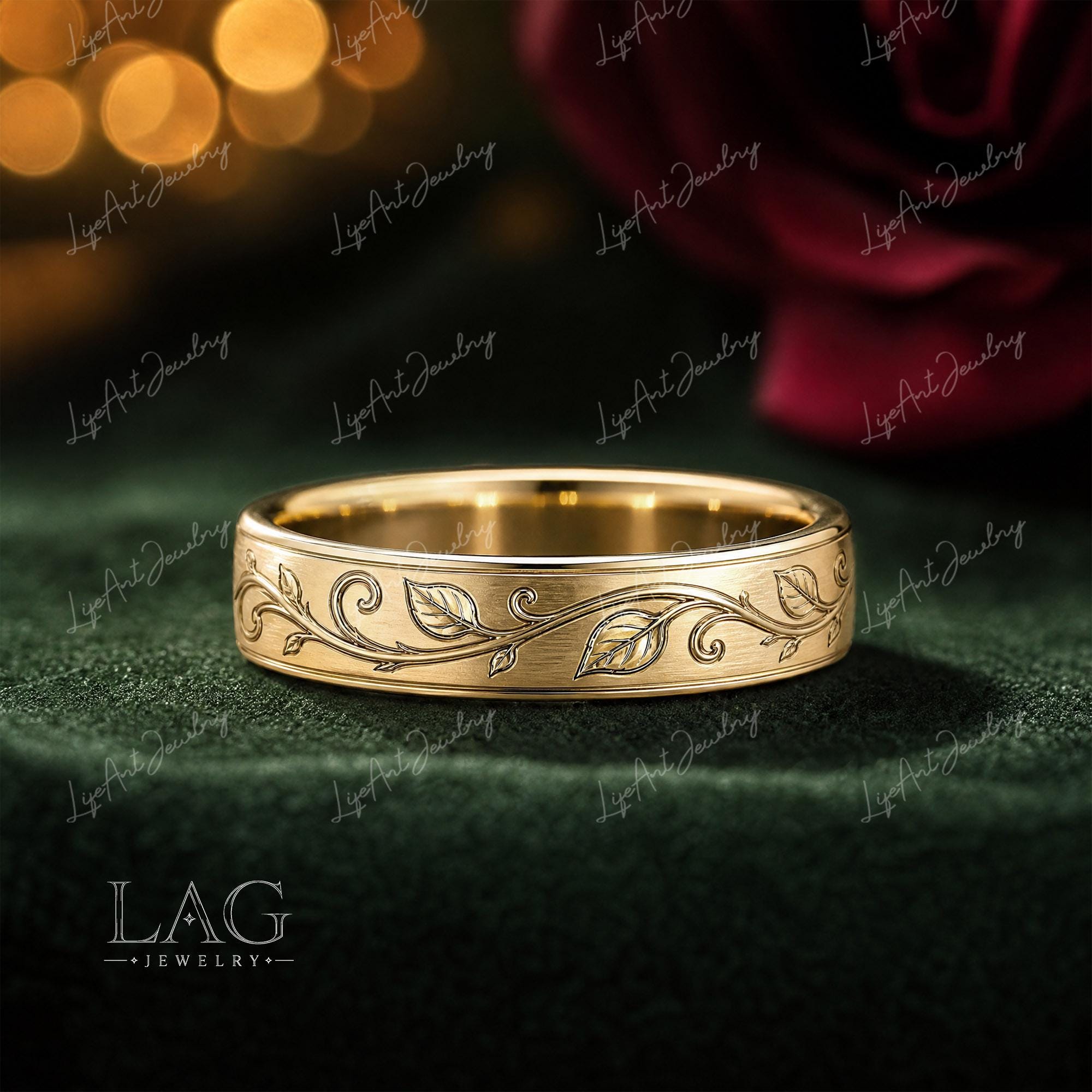 Men's Rings Leaf Pattern Solid Gold Leaf Mens Wedding Ring Natural Inspired Leaf Wedding Band ...