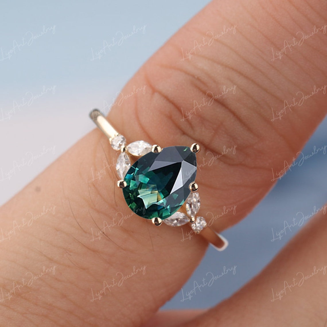 Pear Teal Sapphire Engagement Ring 14K Gold Engagement ring Etsy