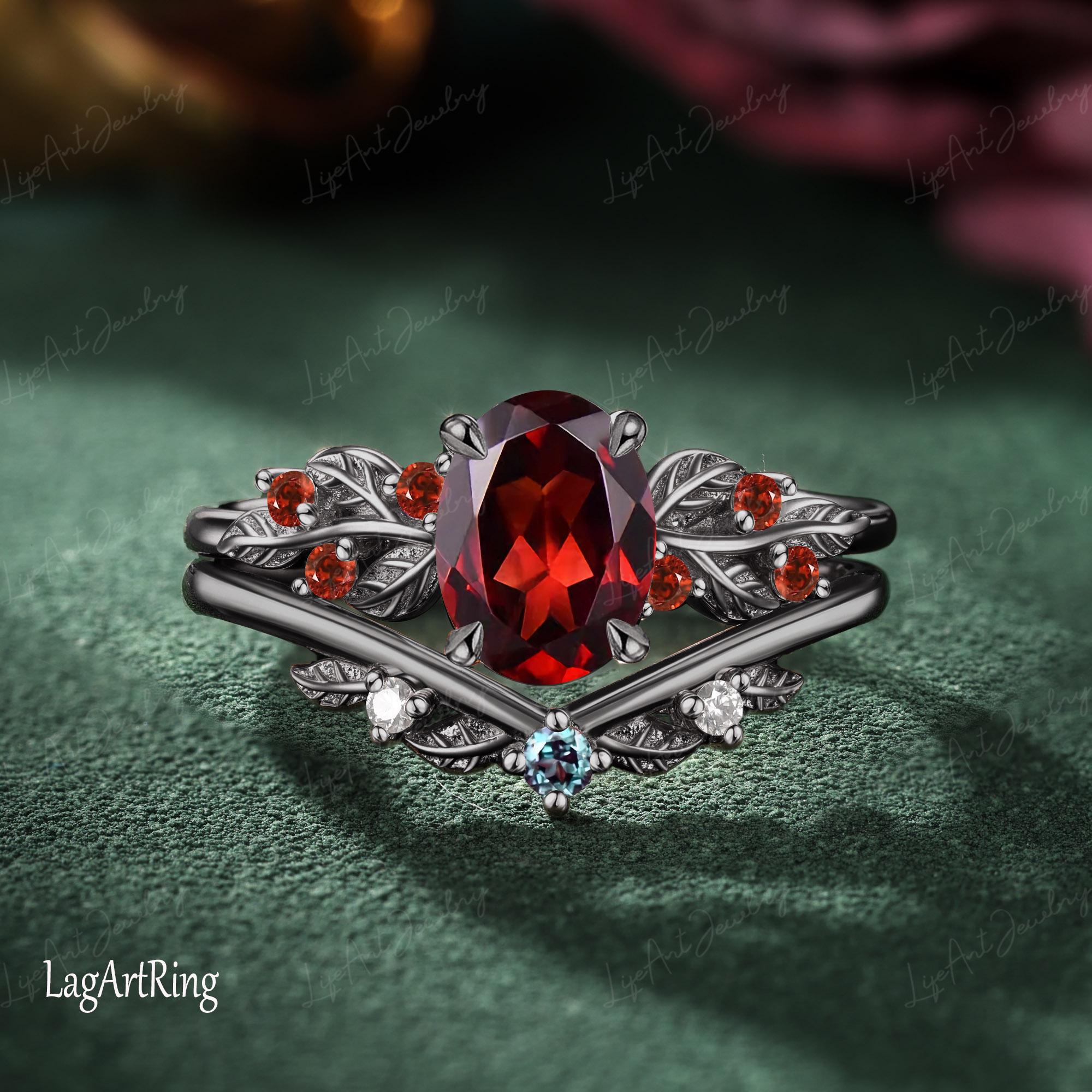 Oval Garnet Engagement Ring Set 14k Black Gold Promise Ring for