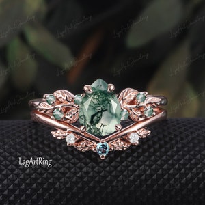 Pear shaped Moss Agate Engagement ring 14K White Gold Promise Ring Leaf Nature Inspired Bridal Set Green Gemstone Ring Jewelry gifts for her 2pcs bridal sets