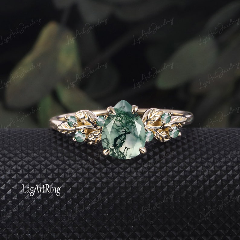 Pear shaped Moss Agate Engagement ring 14K White Gold Promise Ring Leaf Nature Inspired Bridal Set Green Gemstone Ring Jewelry gifts for her image 7