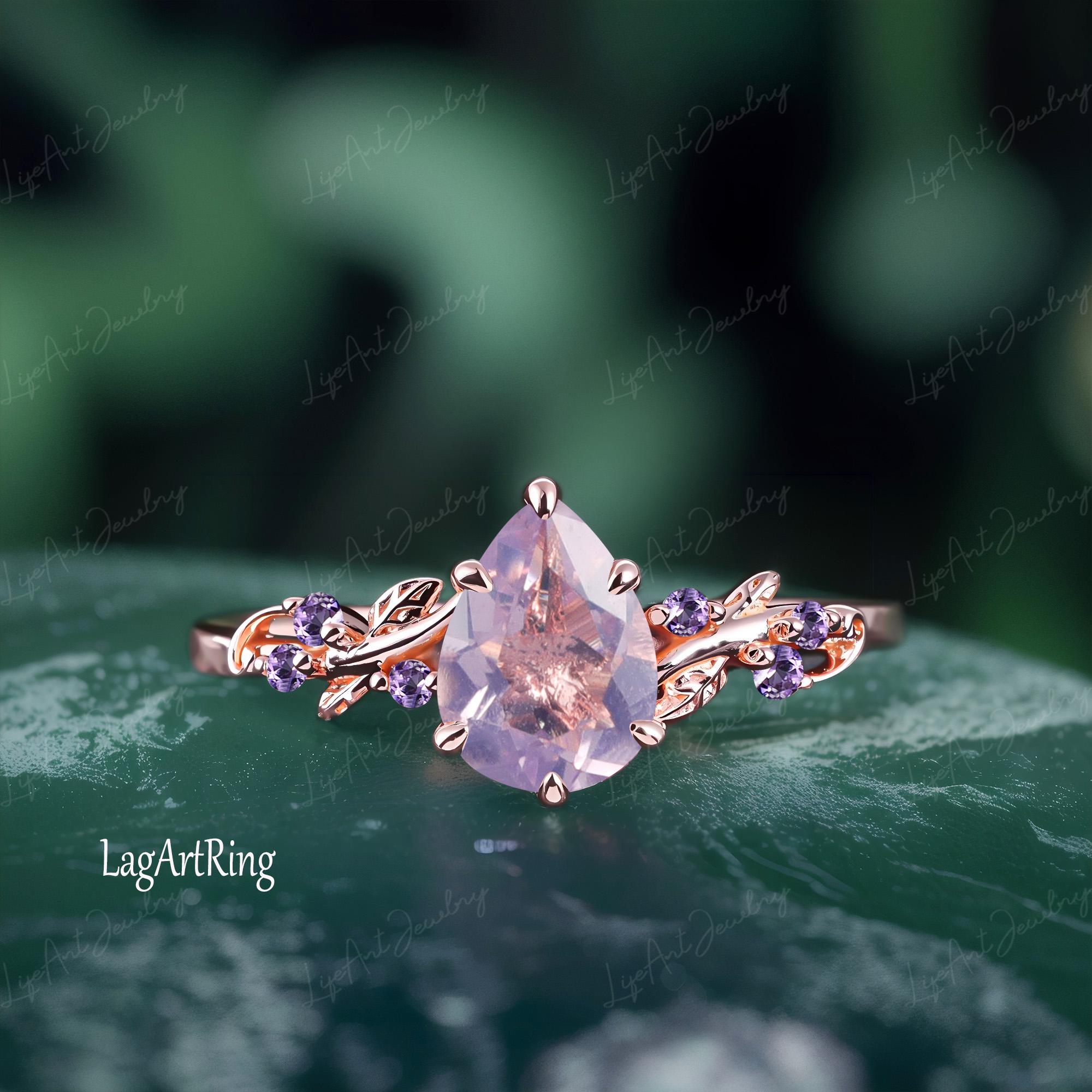 Pear Shaped Lavender Amethyst Engagement ring 14k Rose Gold Promise Ring Leaf Nature Inspired Bridal sets Feb Gemstone Ring Jewelry gifts